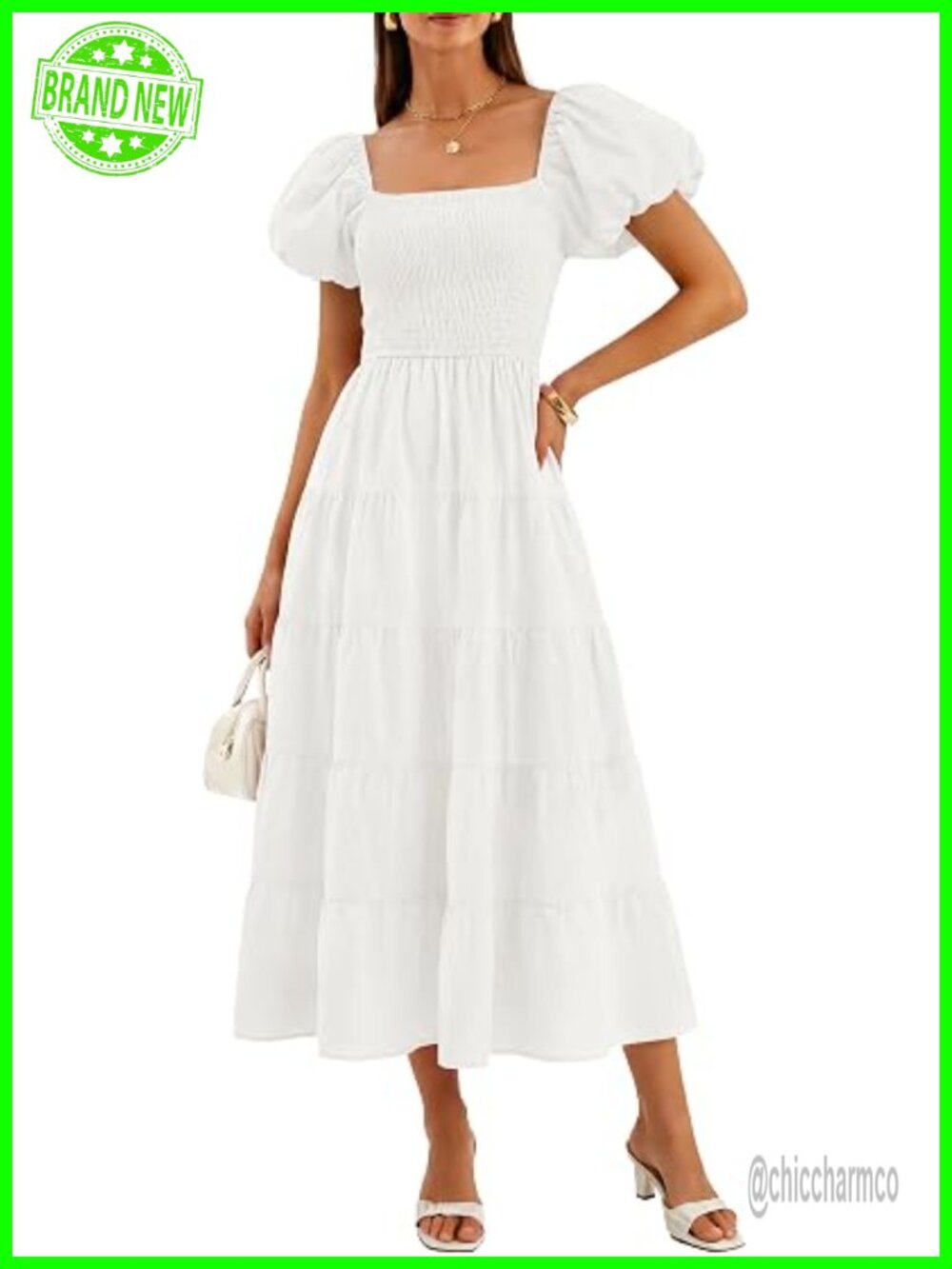 Puff Sleeve Midi Dress Boho High Waist Flowy Beach Wedding Guest